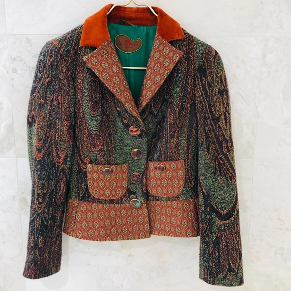 SOLD - ETRO {40} Wool Printed Jacket Orange & Green Tapestry - Picture 2 of 16